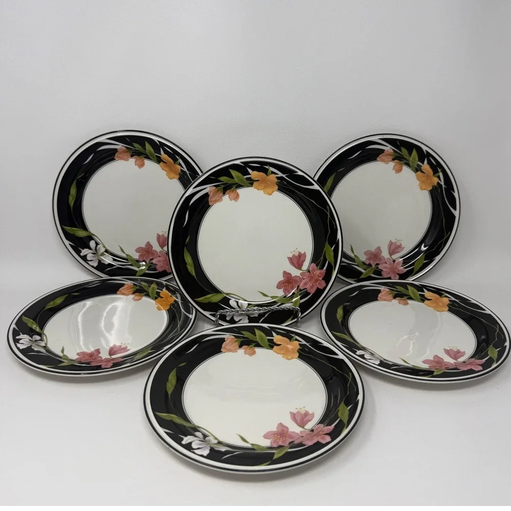 Sango Memories 3665 Bread and‎ Butter Plates Set 6 Floral Black Rim 7.5 inch